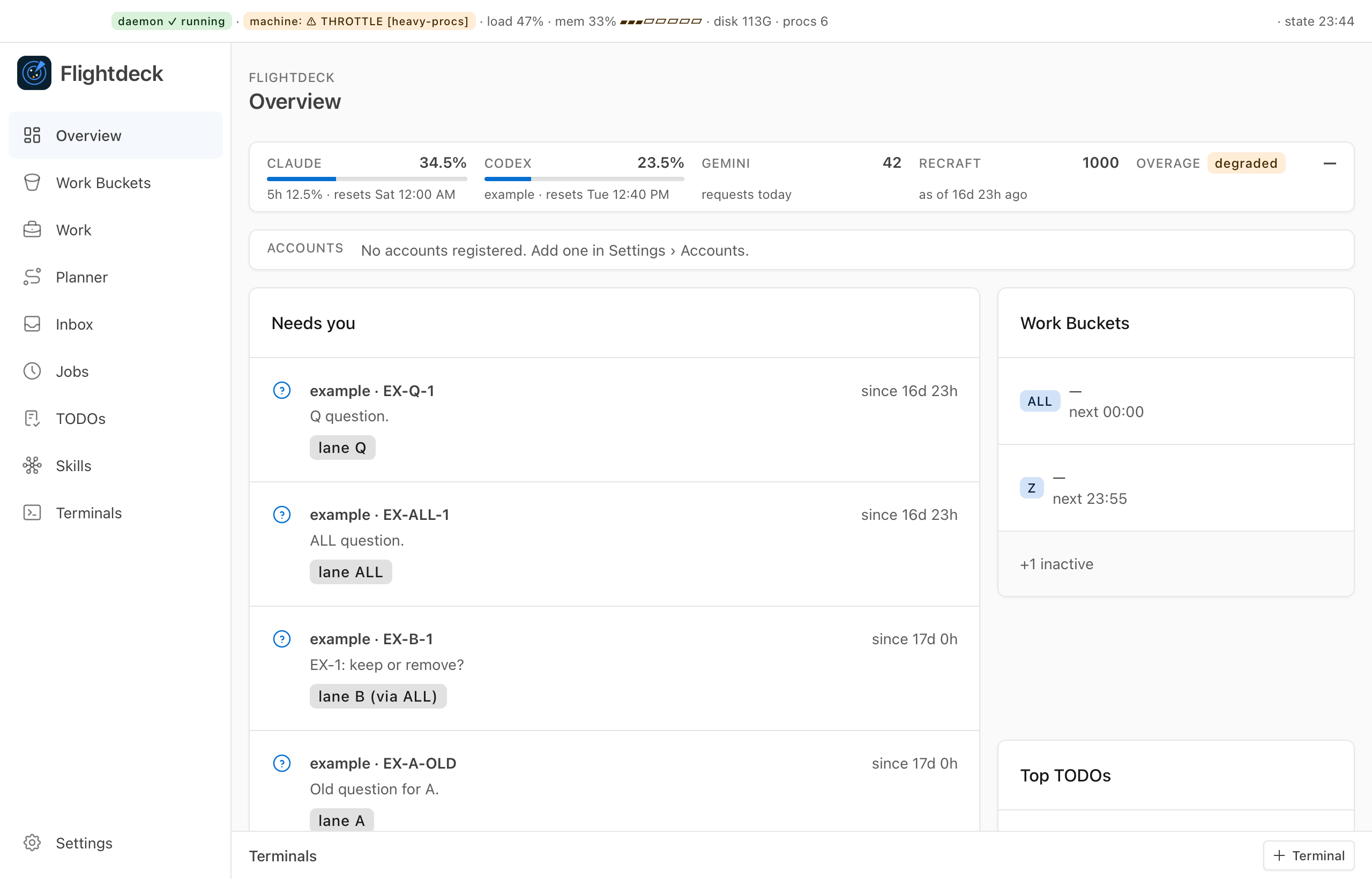 The Flightdeck overview with sample data