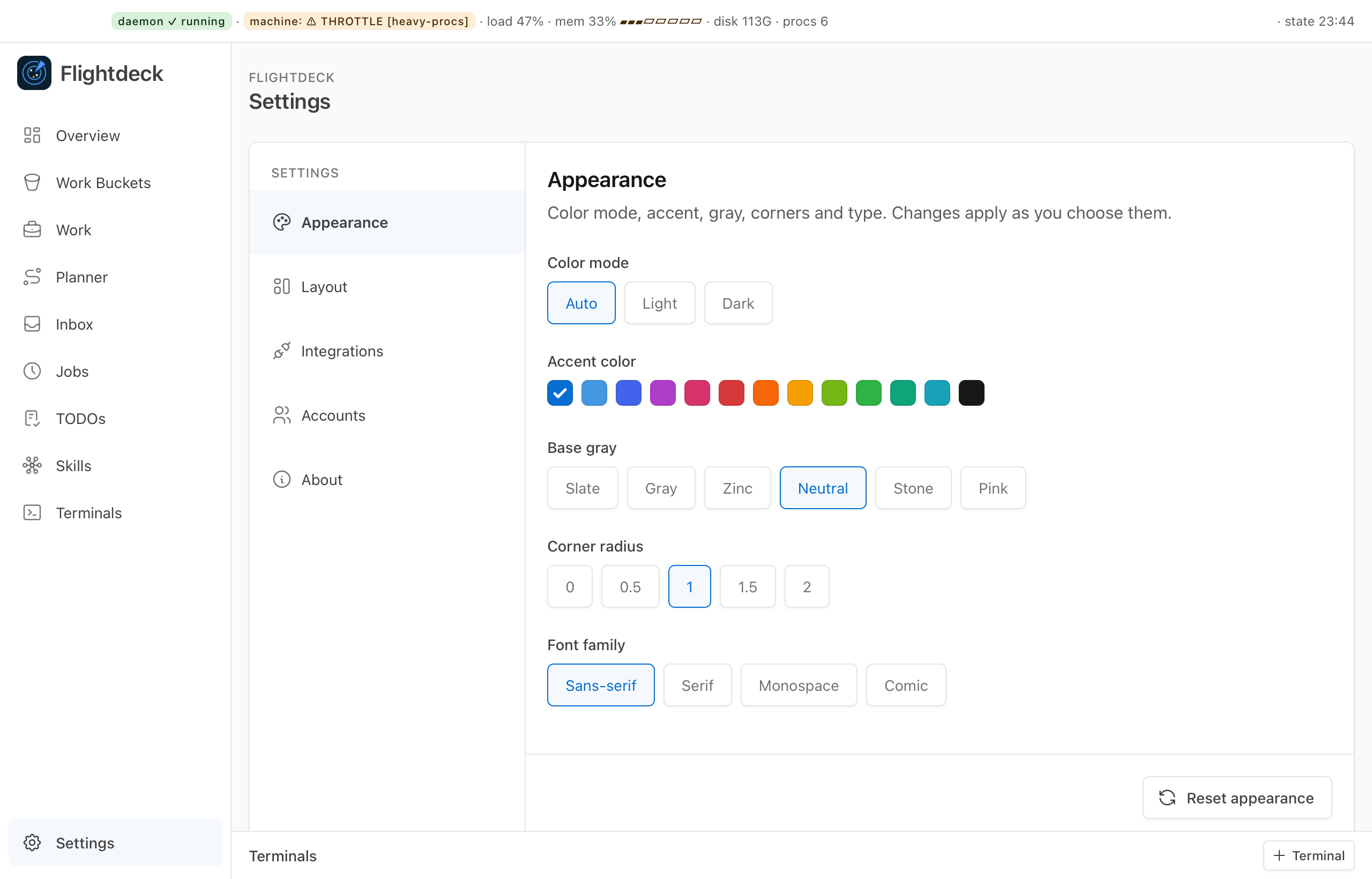 Flightdeck's Settings page