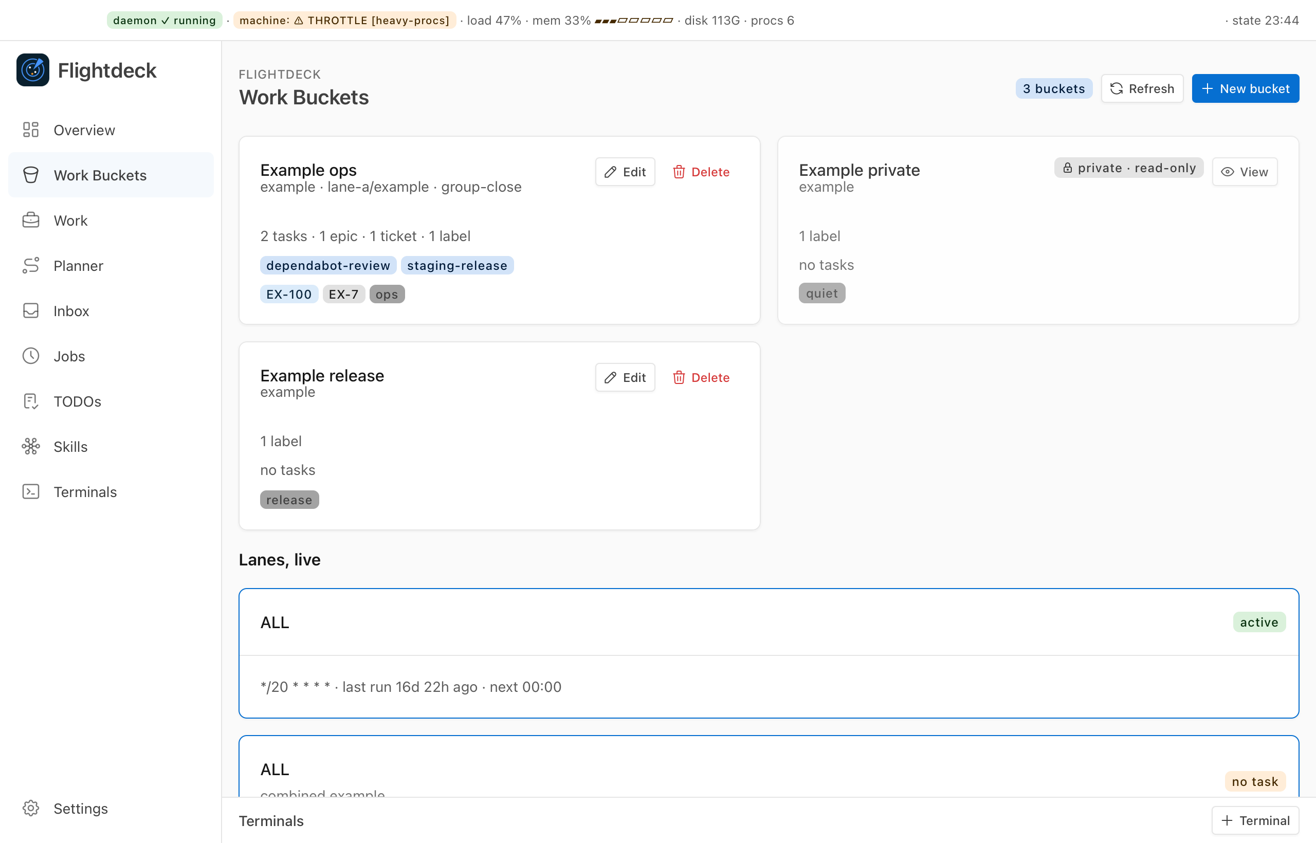 The Work Buckets page with sample buckets